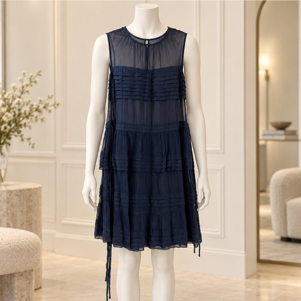 Club Monaco Womens Dress Navy Blue Tiered Ruffle Silk Sleeveless Mini 00